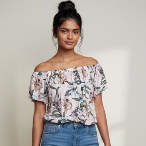 BP · TROPICAL FLORAL PRINT OFF-THE-SHOULDER LIGHT PINK BLOUSE - XS